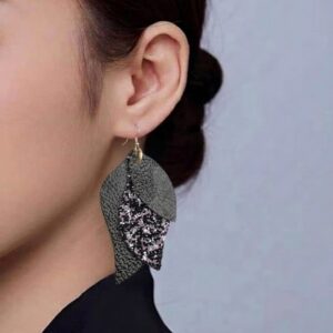 Leather Trendy Drop Earrings For Women - Cute Glitter and Sparkly Dangle Earrings | Large and Bright Colors Aretes De Mujer | 3 Layered Lightweight Faux Leather Leaf Earings